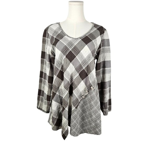 Habitat Asymmetrical Plaid Top Decorative Buttons Sz Medium Boho Tunic - Picture 1 of 10